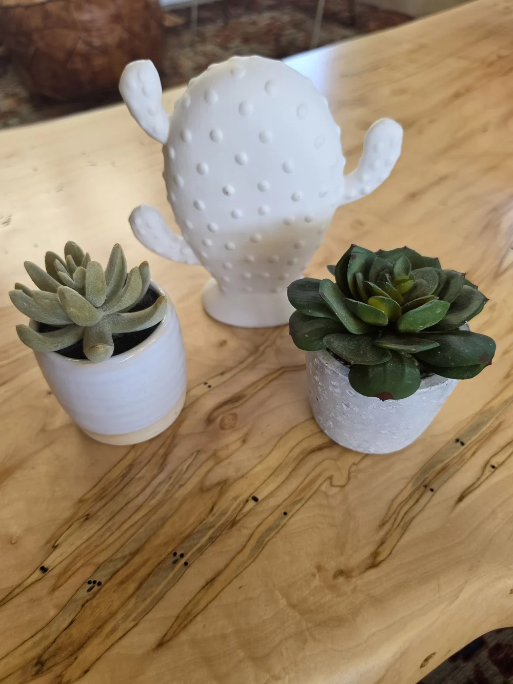 White Ceramic Cactus Decor with Two Faux Succulent Pots EUC